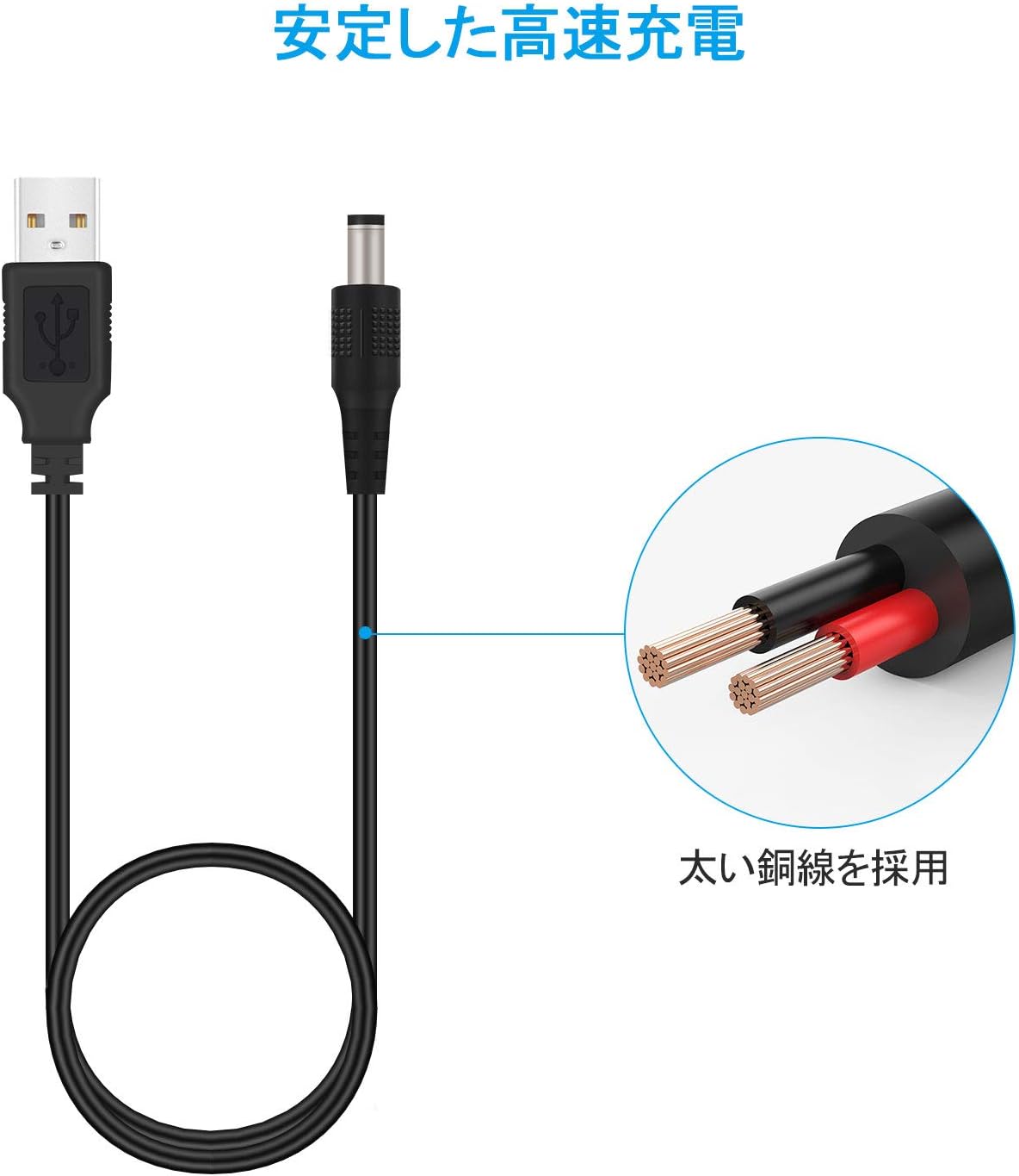 USB DC 電源ケーブル 1M 3本セット USB 2.0 to DC 充電ケーブル 1A - 2A USB-DC ケーブル 5.5x2.1mm プラグ usb dc 充電コード 外径5.5mm 内径2.1mm DC 5V USB Power Charger Cord USB 電源 ケーブル