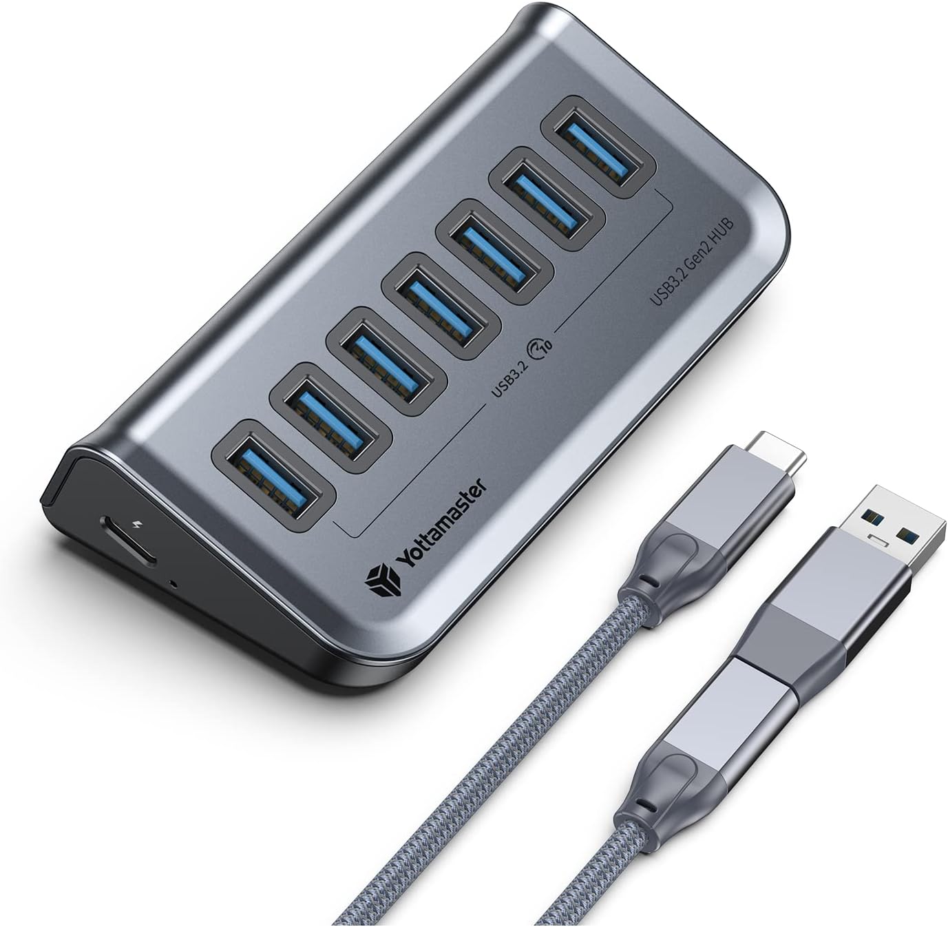 【最新USB ハブ】Yottamaster USB3.2 Gen2 ハブ 7ポート 10Gbps高速データ転送 USB3.1 5V/3A給電ポート(USB C to CとAケーブル0.5m付き) Android/Windows/MacBook/Mac/Surface Pro等システムとノートPC対応