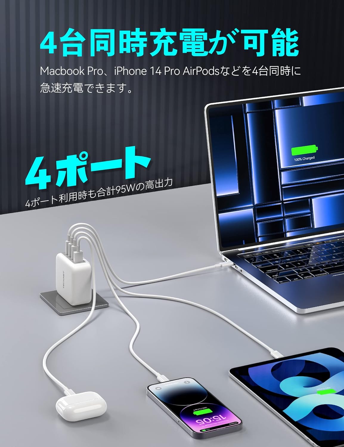 【最強急充】100W 充電器 PD急速充電器 USB Charger 高出力GaN採用 iPhone/MacBook/ipad/ノートパソコン/Switch対応 折りたたみ式プラグ 4ポート搭載(USB-C×3 USB-A×1)PSE認証済
