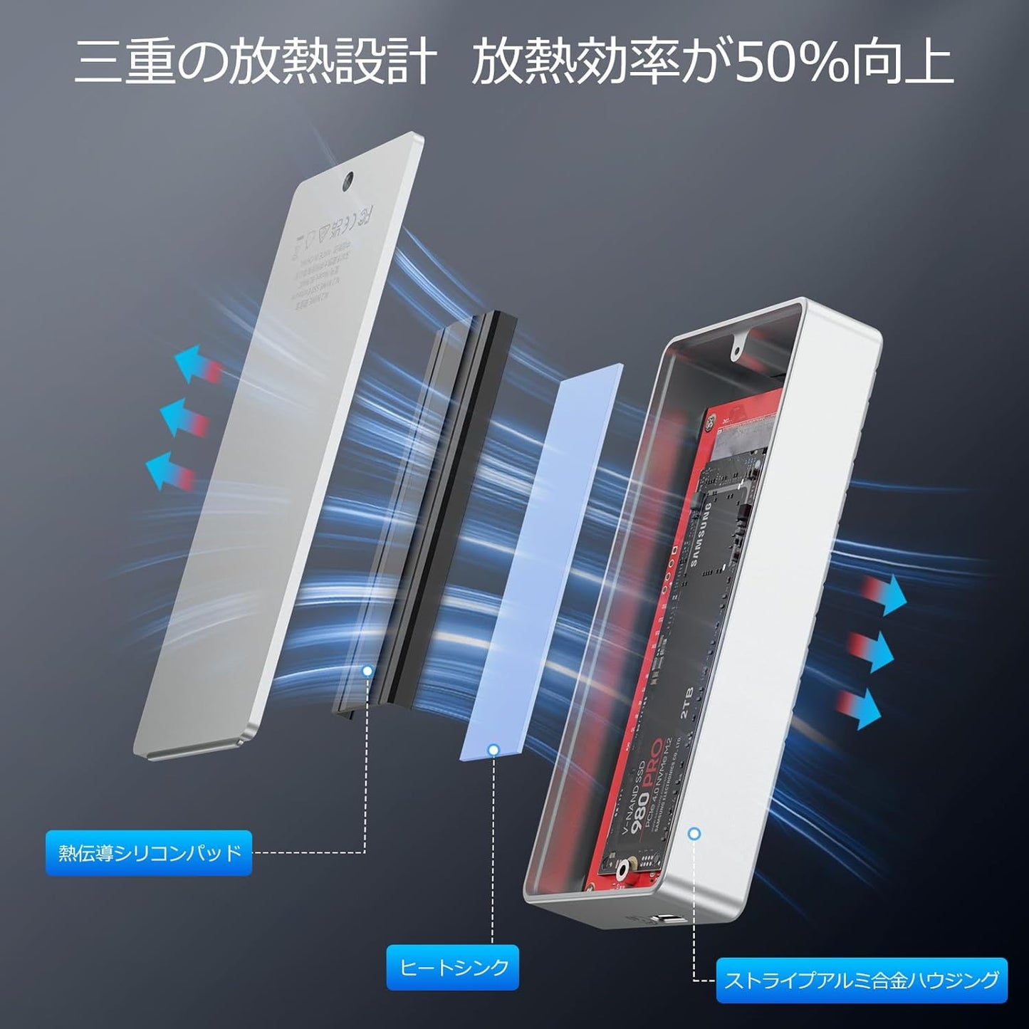 40Gbps Thunderbolt 3/4対応M.2 SSDケース USB4.0 NVMe外付けケース 高放熱ポータブルアルミニウム製 グレー