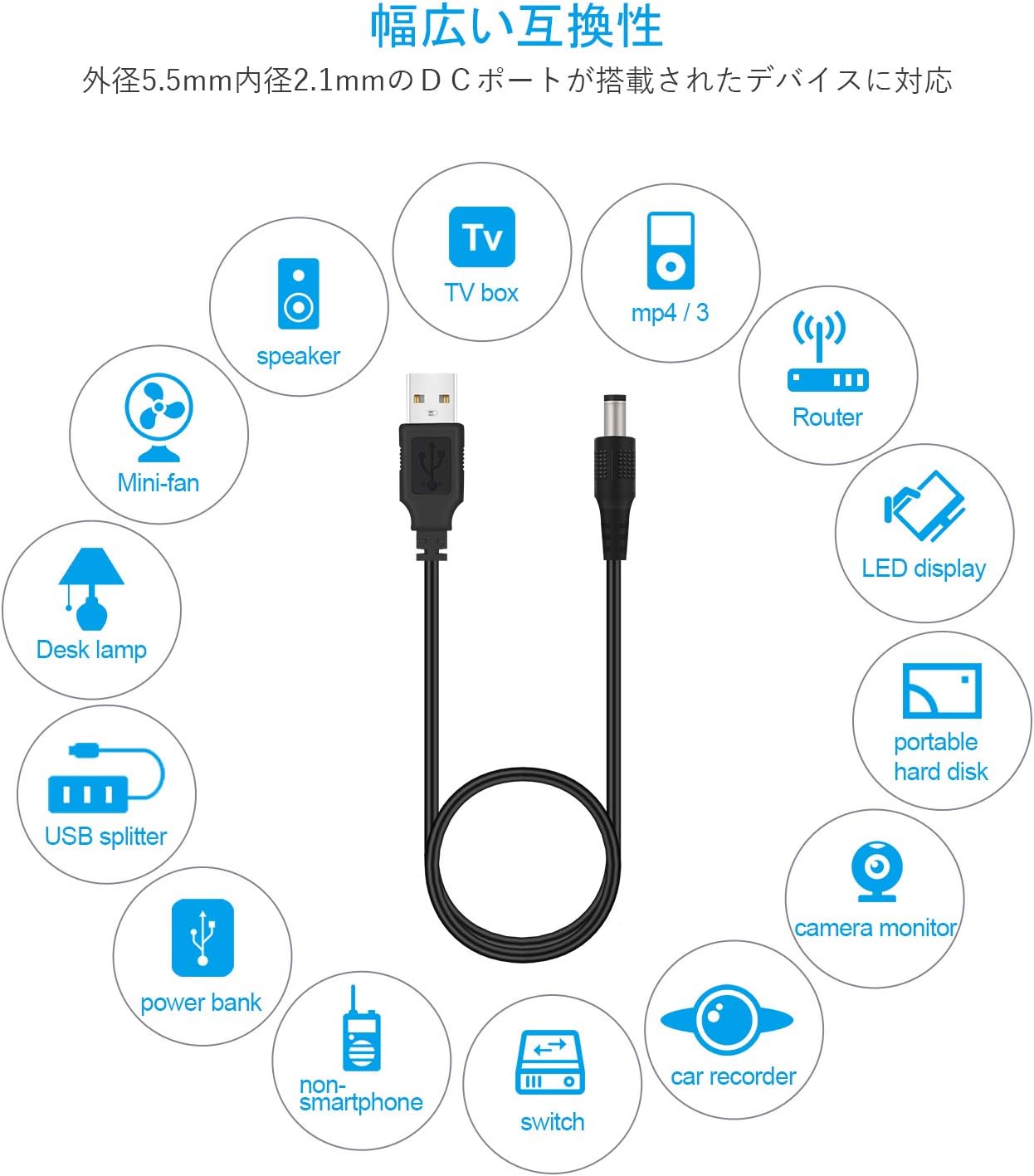 USB DC 電源ケーブル 1M 3本セット USB 2.0 to DC 充電ケーブル 1A - 2A USB-DC ケーブル 5.5x2.1mm プラグ usb dc 充電コード 外径5.5mm 内径2.1mm DC 5V USB Power Charger Cord USB 電源 ケーブル