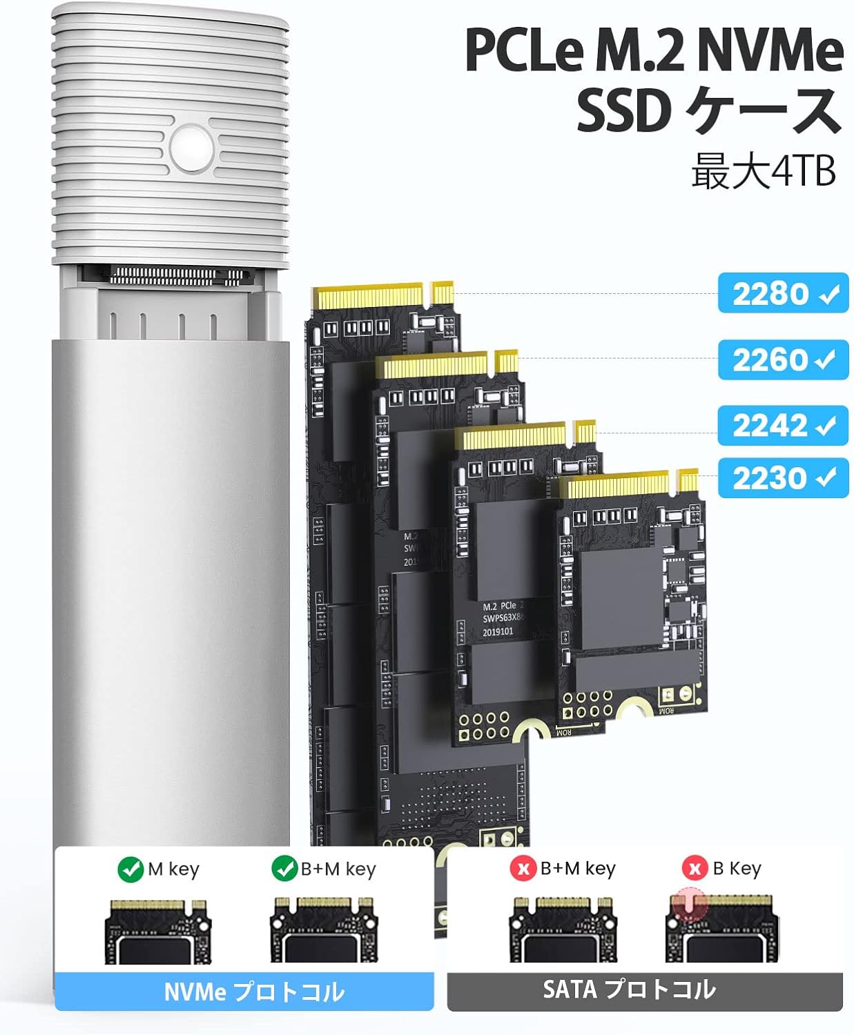 M.2 SSD 外付けケース M.2 NVME/PCIE SSD ケース 10Gbps USB C SSD ケース USB 3.2 M.2 NVMe ケース アルミ制 Thunderbolt 3 対応 4TB 2230/2242 /2260/2280 PCIe M-Key 対応 工具不要 【NVME/PCIE専用】 (ホワイトPWM2-G2A-WH)