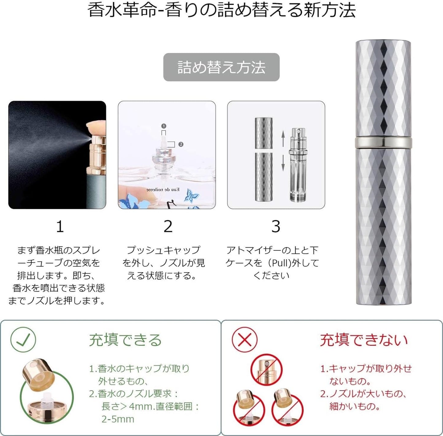 詰め替え可能 香水の噴霧器 携帯用 空 スプレーボトル ミニ ポケットサイズ 旅行香水 ディスペンサー 5ml (シルバー)
