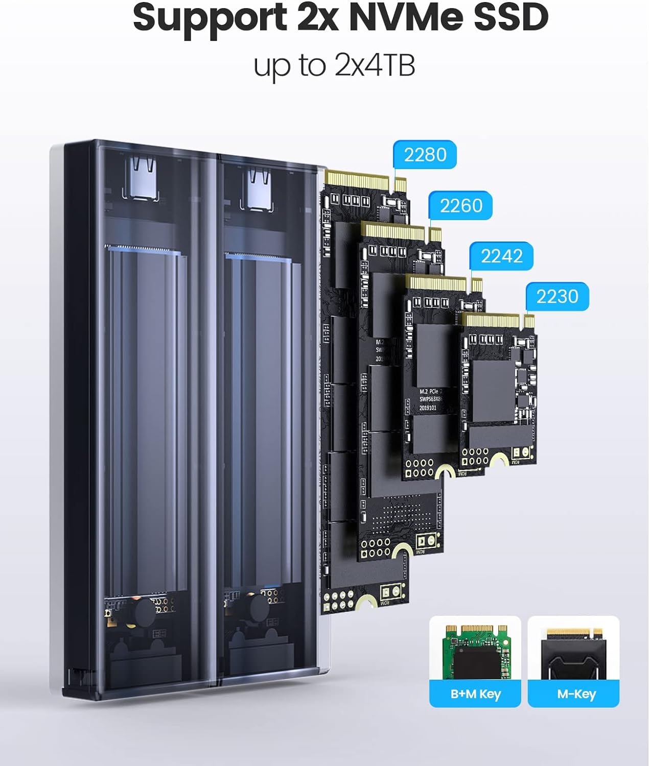M.2 SSD 外付けケース NVME ケース SSD ケース M Key PCIe 2230/2242/2260/2280 M.2 SSD用 USB C - M2 ケース工具不要 アルミニウム M.2 ケース UASP Trim指令をサポート 最大2x4TB BM2C3-2N (M.2 NVMe+NVMe)