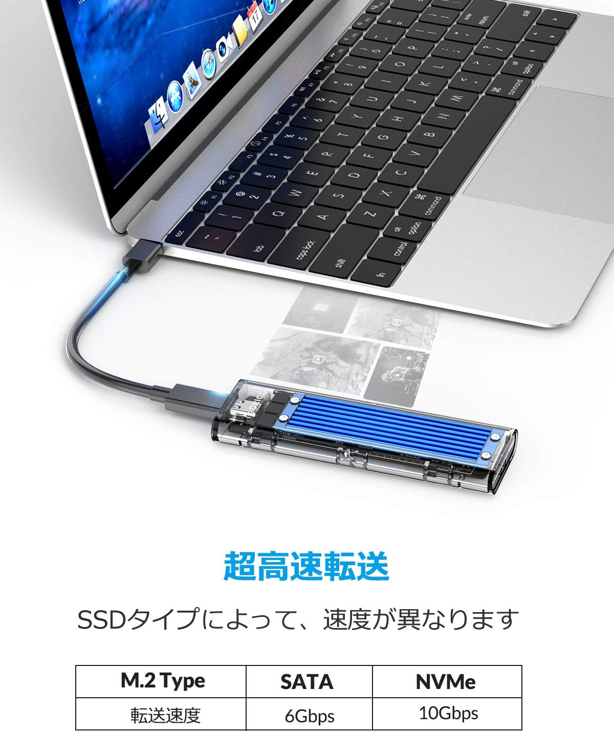 軽量コンパクト設計:NVMe&SATA両対応 USB3.1 M.2 SSDケース SSD対応