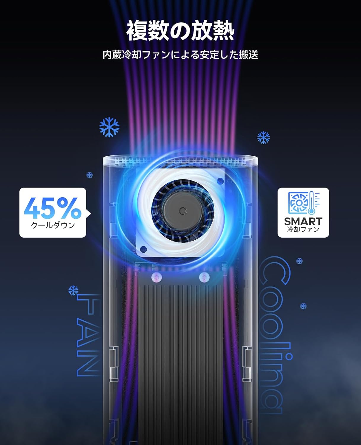 M.2 SSD 外付けケース 40Gbps 工具不要 USB4 NVMe M.2 SSDケース ファン内蔵の透明Thunderbolt 4 SSD ケース2230 2242 2260 2280(Mキーのみ)対応、USB4/3.2/3.0/2.0対応-ブラック