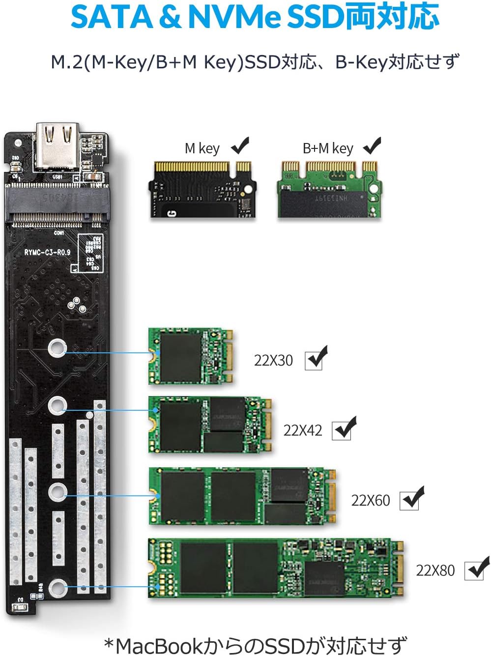 軽量コンパクト設計:NVMe&SATA両対応 USB3.1 M.2 SSDケース SSD対応