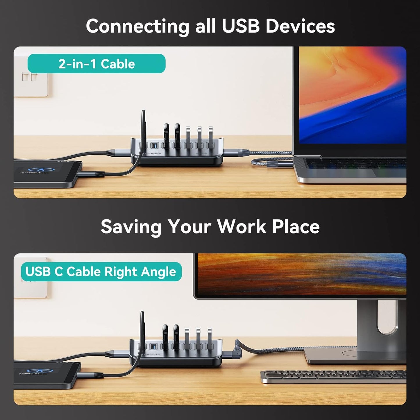 【最新USB ハブ】Yottamaster USB3.2 Gen2 ハブ 7ポート 10Gbps高速データ転送 USB3.1 5V/3A給電ポート(USB C to CとAケーブル0.5m付き) Android/Windows/MacBook/Mac/Surface Pro等システムとノートPC対応