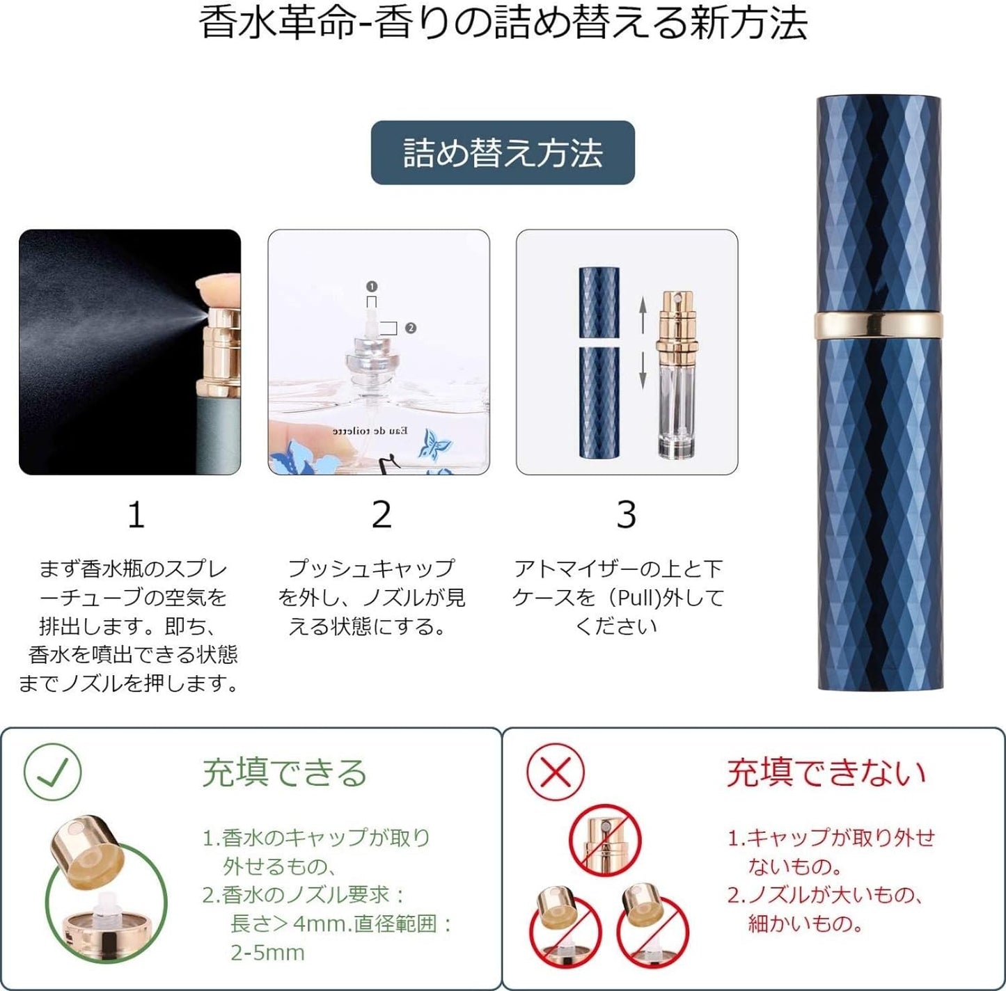 詰め替え可能 香水の噴霧器 携帯用 空 スプレーボトル ミニ ポケットサイズ 旅行香水 ディスペンサー 5ml (ブルー)
