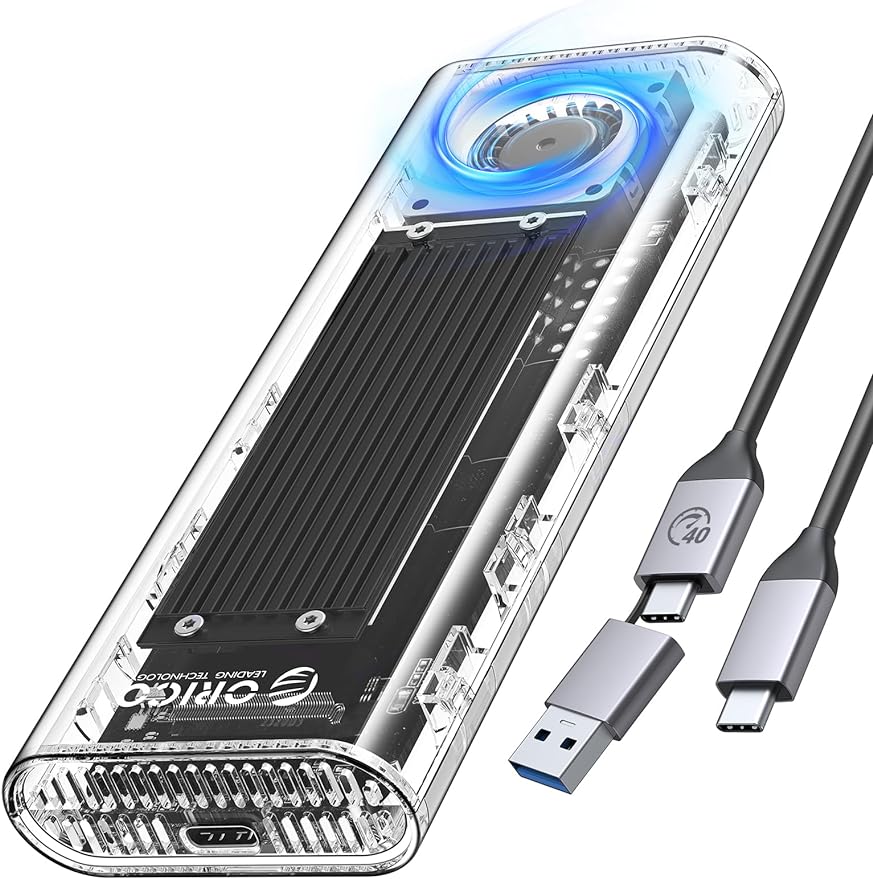 M.2 SSD 外付けケース 40Gbps 工具不要 USB4 NVMe M.2 SSDケース ファン内蔵の透明Thunderbolt 4 SSD ケース2230 2242 2260 2280(Mキーのみ)対応、USB4/3.2/3.0/2.0対応-ブラック
