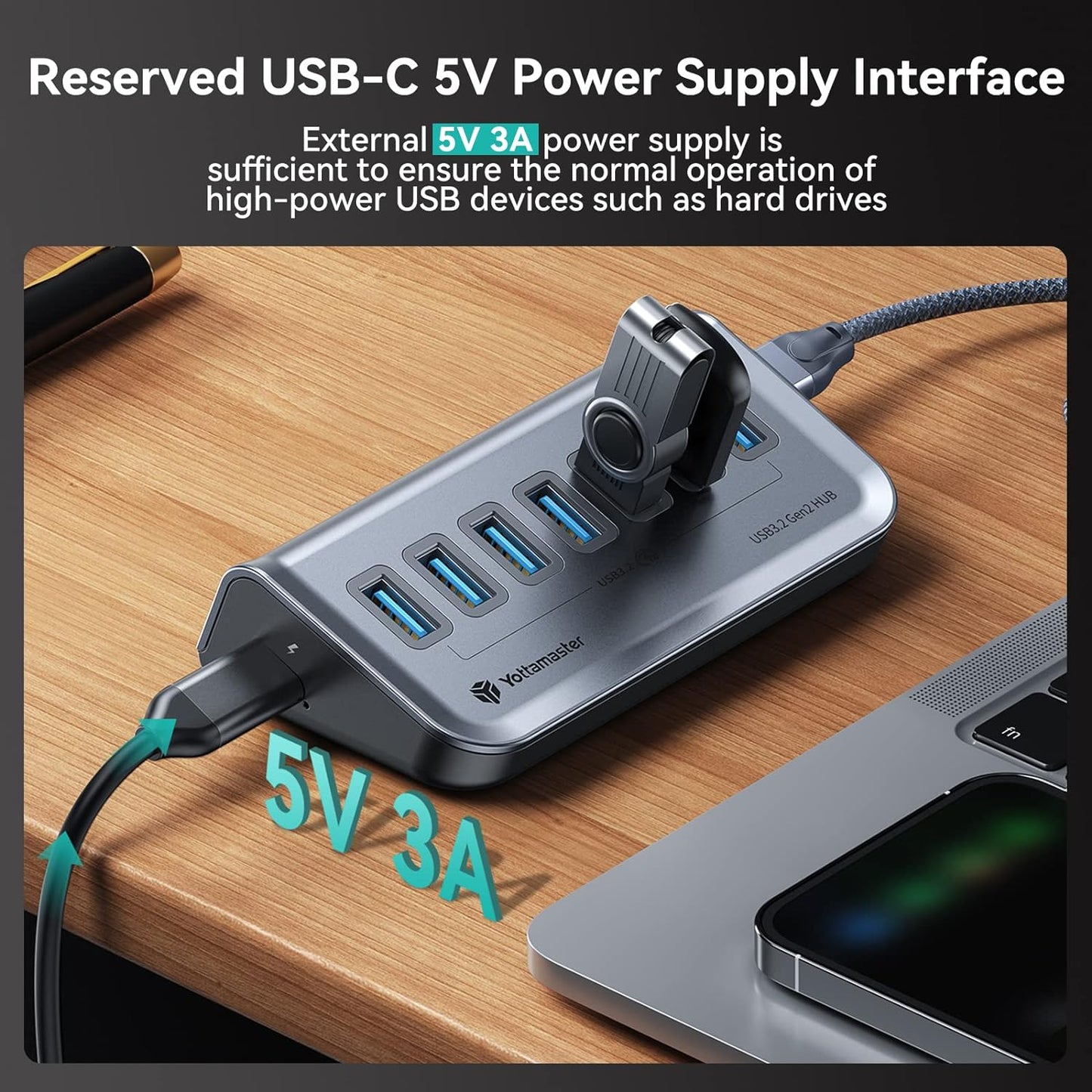 【最新USB ハブ】Yottamaster USB3.2 Gen2 ハブ 7ポート 10Gbps高速データ転送 USB3.1 5V/3A給電ポート(USB C to CとAケーブル0.5m付き) Android/Windows/MacBook/Mac/Surface Pro等システムとノートPC対応