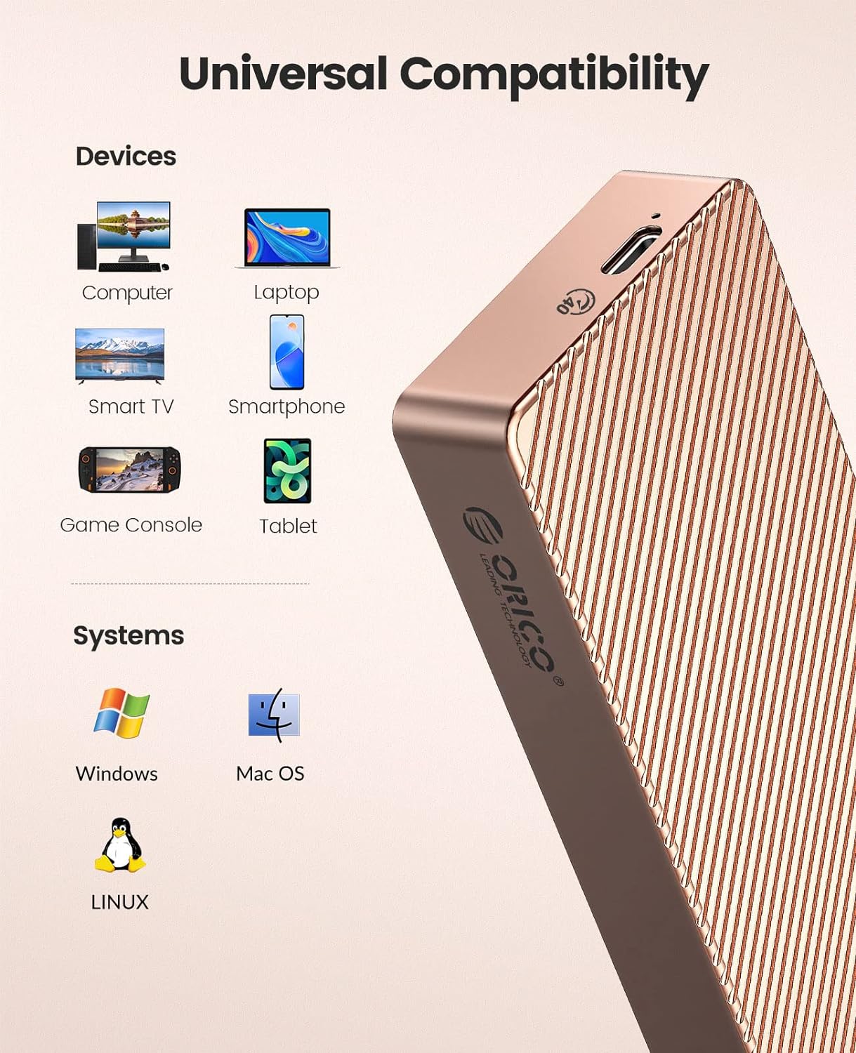 M.2 SSD 外付けケース USB4.0 NVMe ケース M.2 SSD ケース 40Gbps NVMe PClE M-Key(B+M Key)2280 に適用 Thunderbolt 3/4 USB3.2/3.1/3.0/Type C互換性あり 外付ハードディスクケース M214C3-U4 (Rose Gold 40Gbps)