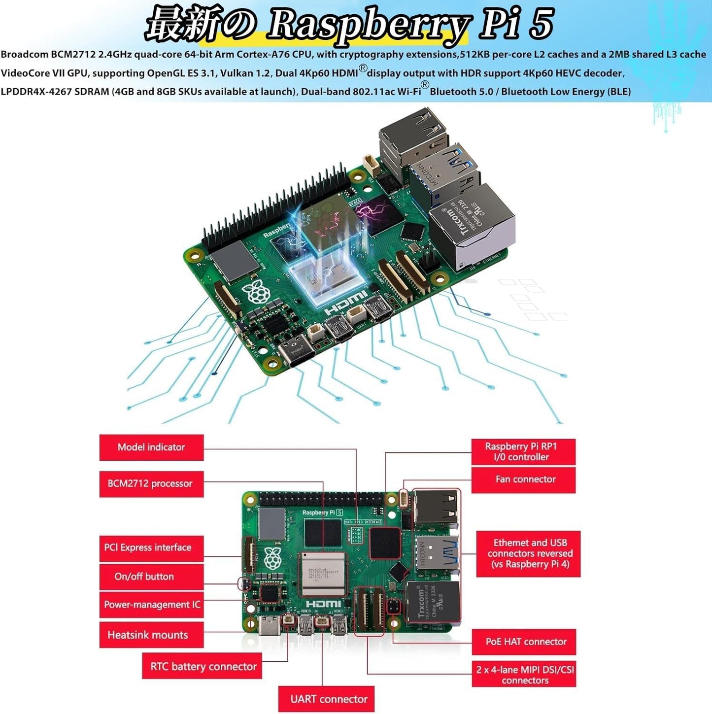 Raspberry Pi 5 4gb 技適対応 ラズベリーパイ5 4gb Development Board BCM2712 Arm Cortex-A76 64-bit quad-core 2.4GHz RTC WiFi/Bluetooth 5.0 SDR104対応 ラズベリーパイ5 （4GB RAM）コンピューター (raspberry Pi 5 4GB)