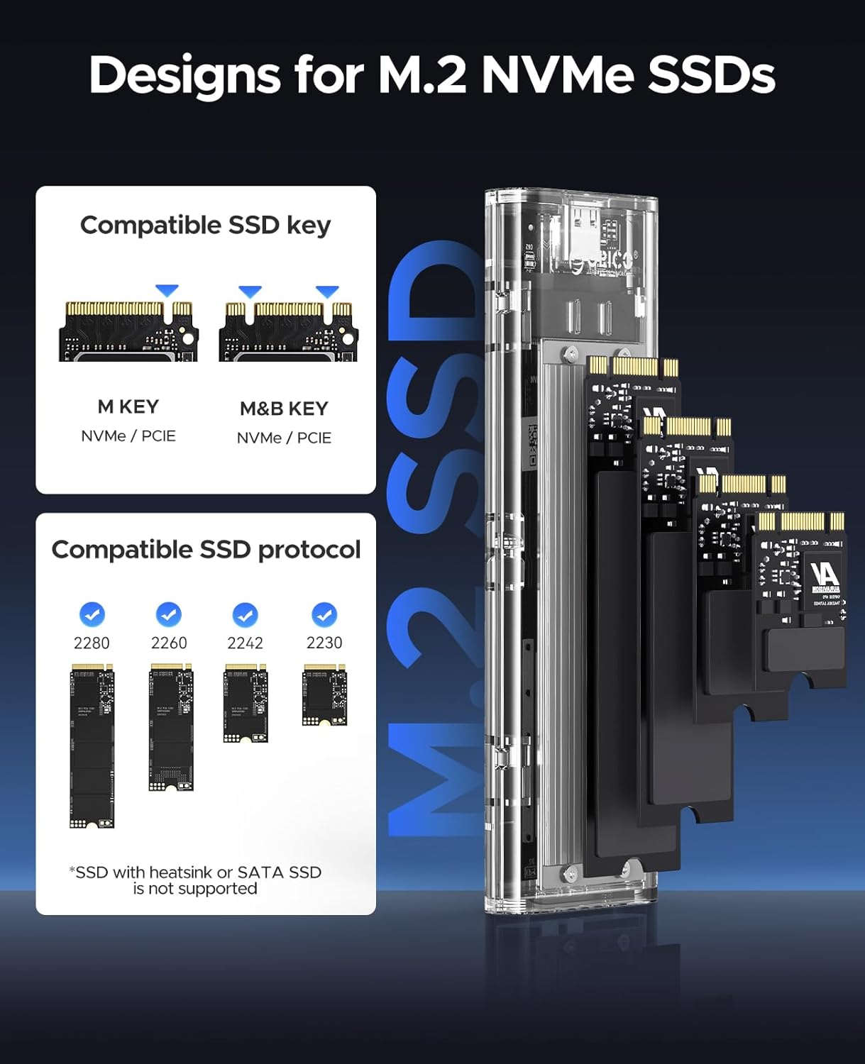 USB3.1 Nvme M.2 SSDケース M-Key/B&M Key（Nvmeのみ） USB3.1 Gen2 10Gbps 外付けケース UASP Trim 対応 2230/2242/2260/2280 SSD対応 ダブルケーブル付属 M.2 SSD 変換アダプタ 透明 TCM2-SV