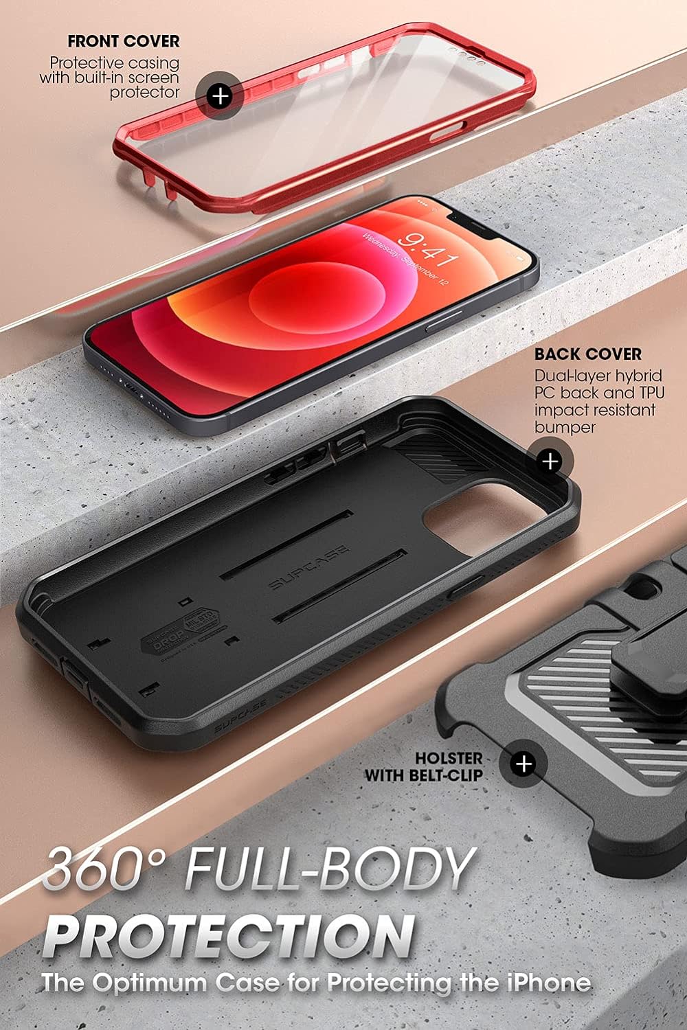 iPhone13 ケース 6.1インチ 2021 全面保護 耐衝撃性 米軍事規格取得 ケースと液晶保護フィルム一体型 防塵 腰かけクリップ付き スポーツ UBProシリーズ