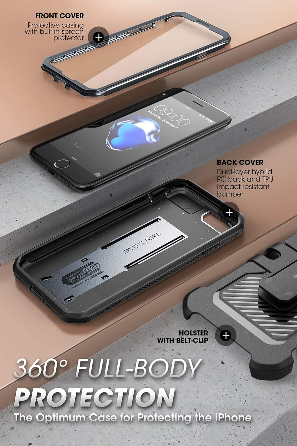 iPhone SE3(第3世代) 2022 SE(第2世代) /iPhone8 /iPhone7 ケース 対応 2020 新しいカバー 液晶保護フィルム と腰かけクリップ付き 米国軍事規格取得 耐衝撃 防塵 二重保護 UBProシリーズ 金属灰