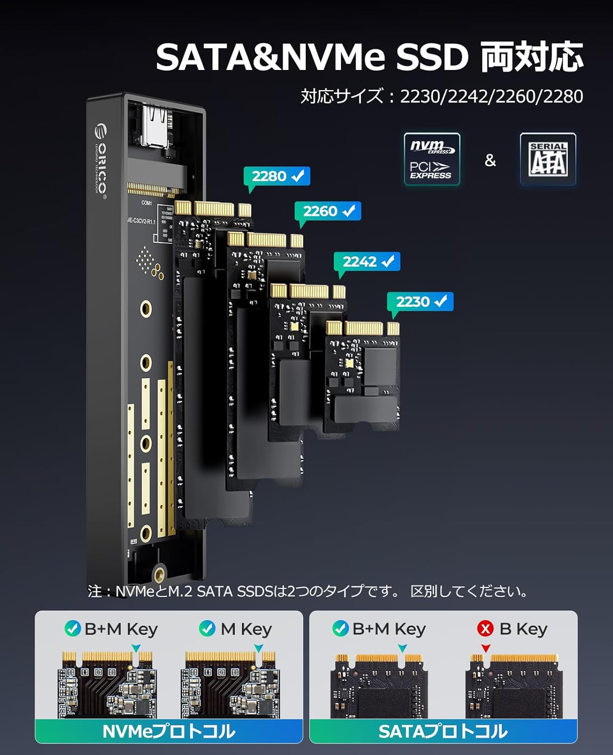M.2 SSD 外付けケース M2 SSD ケース NVMe / SATA 両対応 USB3.2 Gen2接続 10Gbps高速転送 UASP対応 アルミケース ssd m.2 ケース 2230/2242/2260/2280 M key/B+M key SSD対応 M2PVM