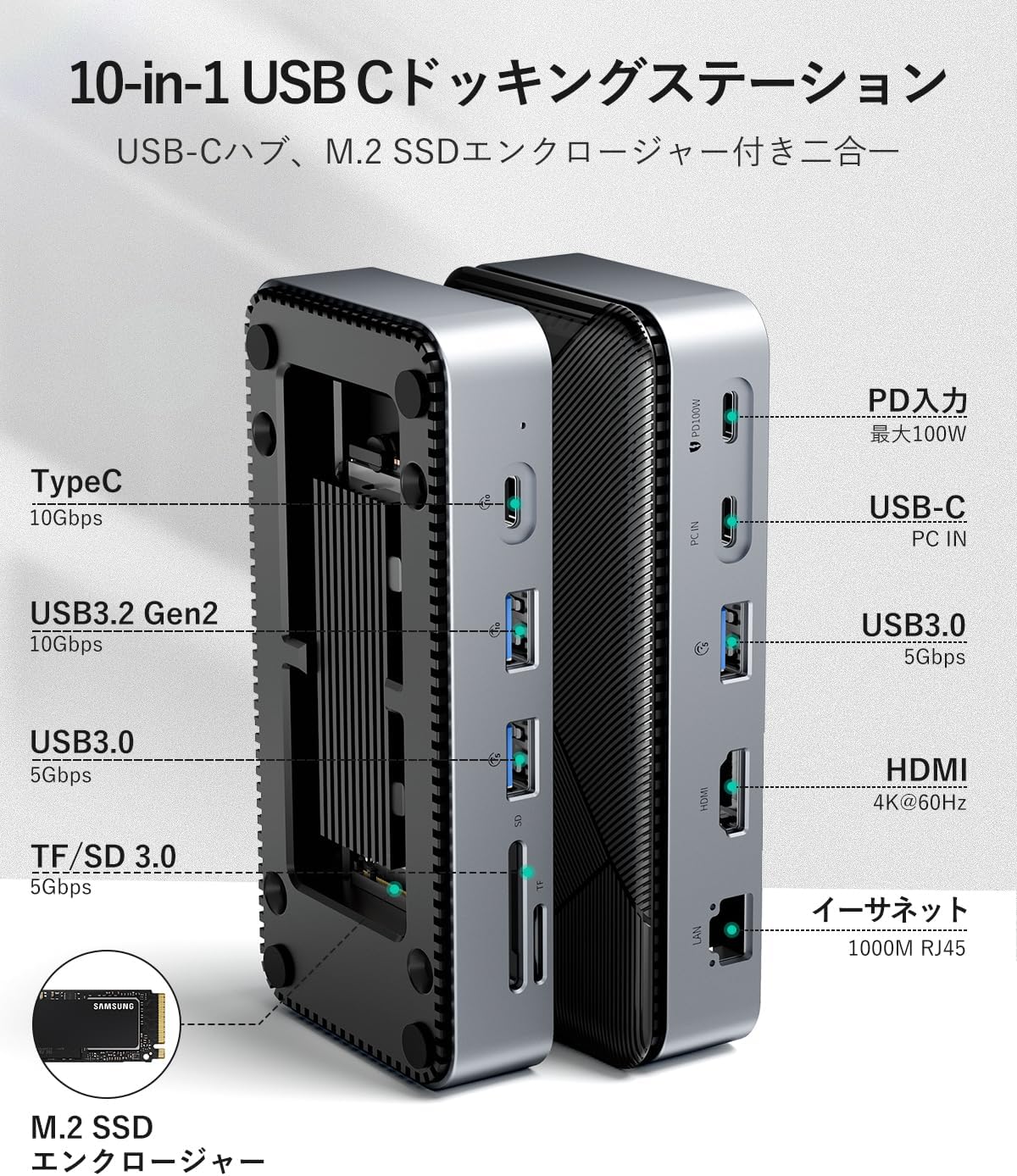 10-in-1 M.2 SSD 外付けケース 10Gbps USB 3.2 Gen2 M.2 NVMe SSDエンクロージャー付きUSB Cハブ ドッキングステーション 高速データ伝送 M.2 NVMe/SATA SSDリーダー 4K@60Hz HDMI  SD/TF PD 100W急速充電 Windows Mac OS用マルチポートドック (GAM2P9)