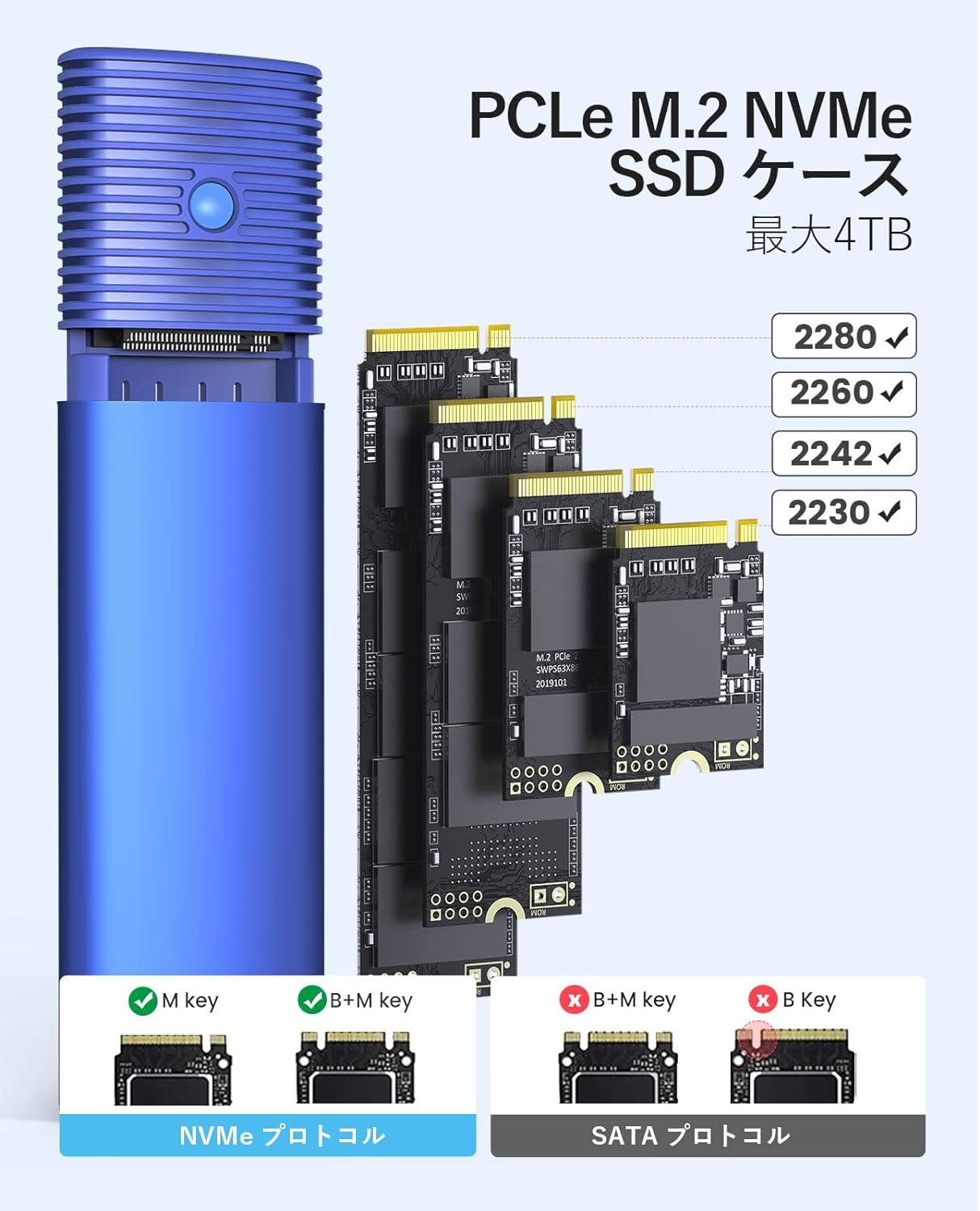 M.2 SSD 外付けケース M.2 NVME/PCIE SSD ケース 10Gbps USB C SSD ケース USB 3.2 M.2 NVMe ケース アルミ制 Thunderbolt 3 対応 4TB 2230/2242 /2260/2280 PCIe M-Key 対応 工具不要 【NVME/PCIE専用】 (ブルーPWM2-G2-BL)