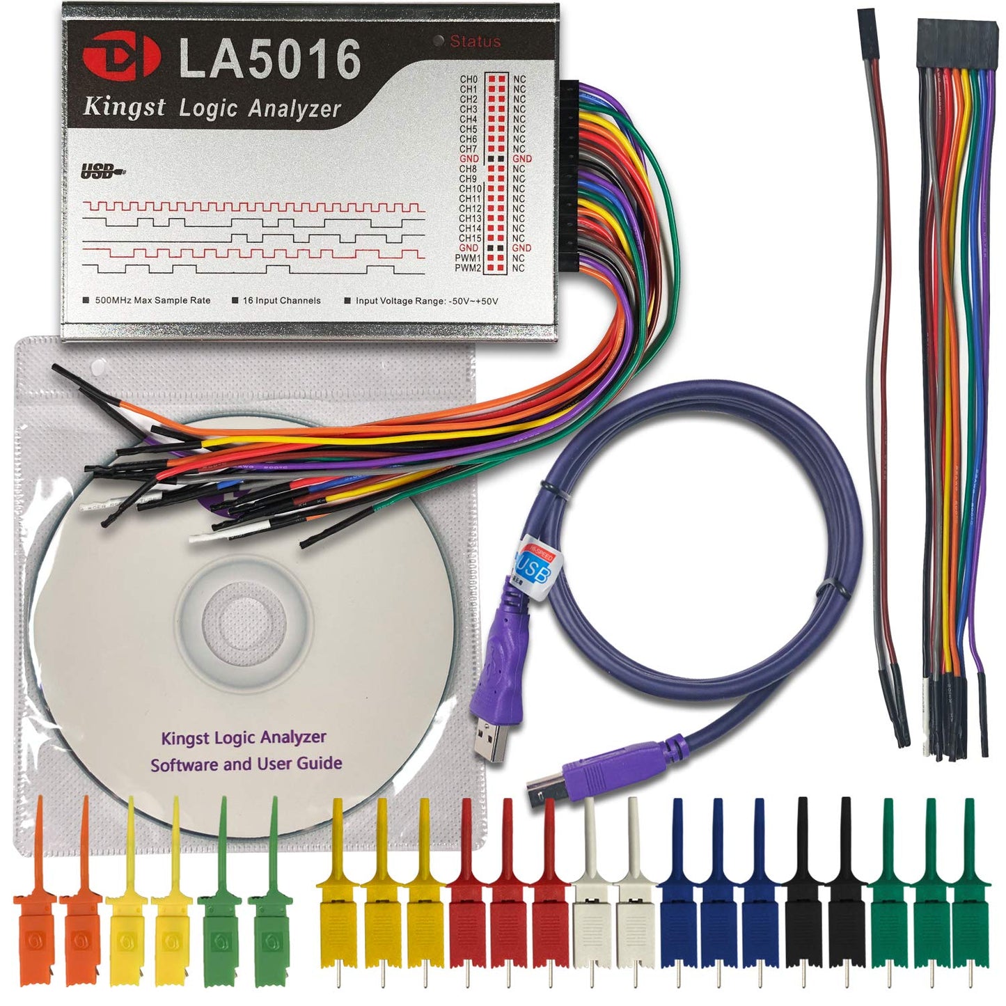 LA5016 USB Logic Analyzer 16Channels 500M Max Sample Rate 10GB Samples MCU/ARM/FPGA Debug Tool English Software Support Windows (32bit/64bit),Mac OS,Linux