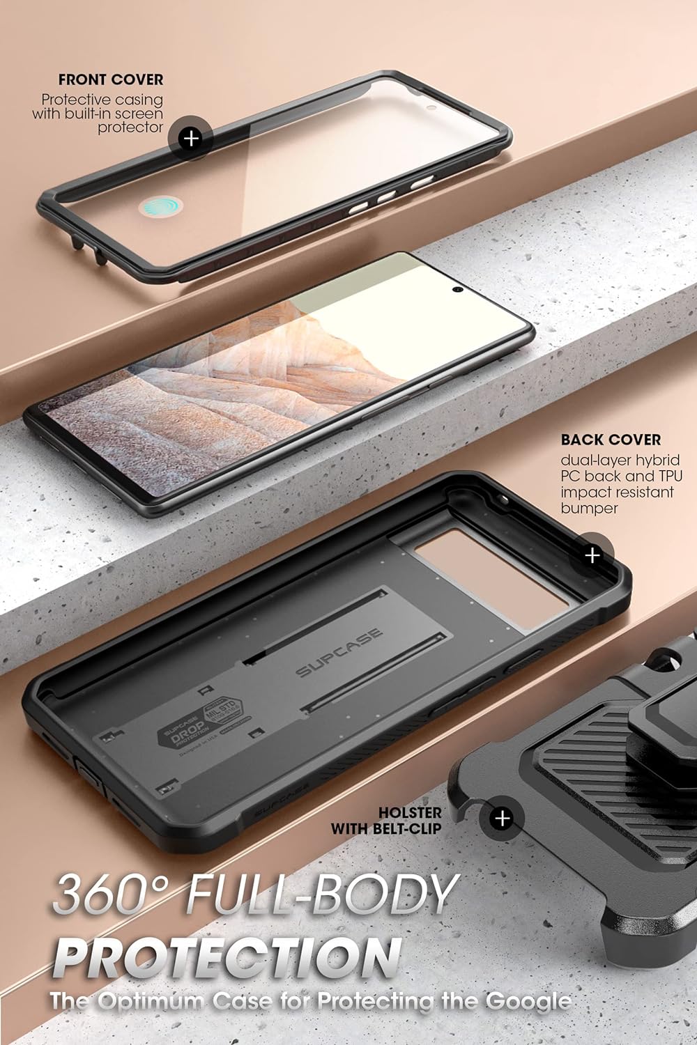 Google Pixel 6A 5G ケース 2022 全面保護 耐衝撃 防塵デザイン 液晶保護フィルム付き 黒 UBProシリーズ