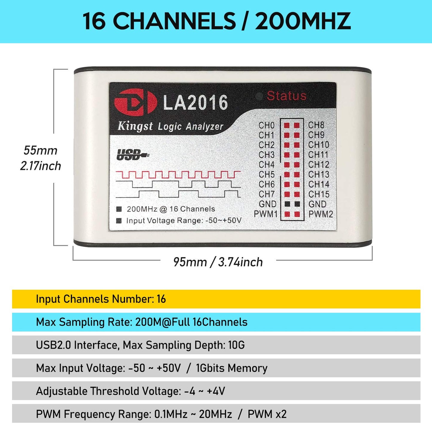 LA2016 USB Logic Analyzer All 16 Channels 200MHz Sampling Rate, English PC Soft Handheld Devices, Windows (32 bit/64 bit), Mac OS, Linux