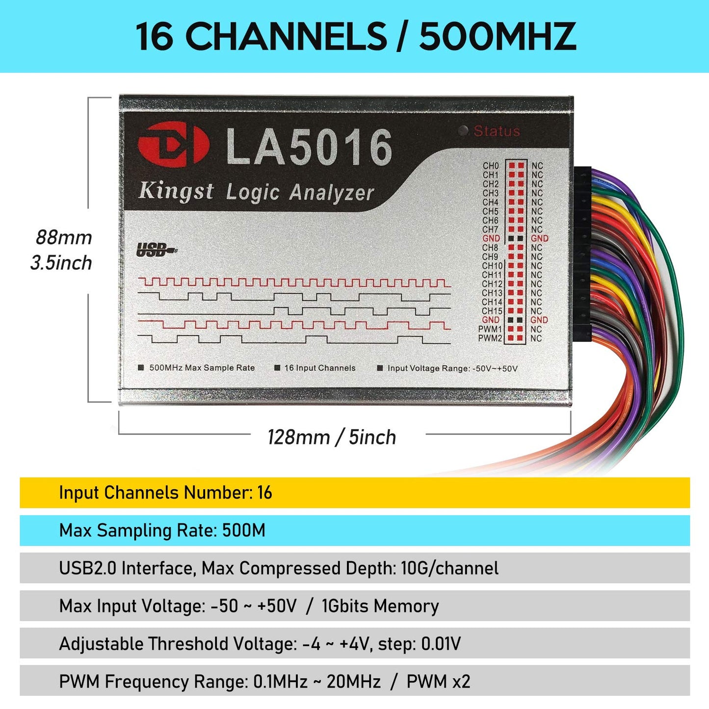 LA5016 USB Logic Analyzer 16Channels 500M Max Sample Rate 10GB Samples MCU/ARM/FPGA Debug Tool English Software Support Windows (32bit/64bit),Mac OS,Linux