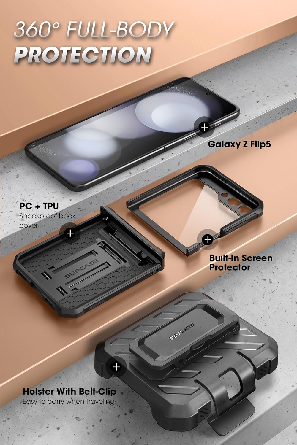 Galaxy Z Flip 5 5G (2023) ケース 保護カバー 米軍MIL規格取得 スタンド付き 耐衝撃 ベルトクリップ付き付属 分離式 着脱簡単 UBProシリーズ