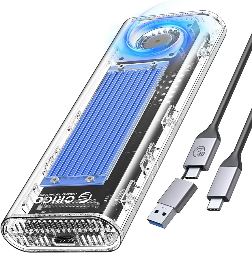 M.2 SSD 外付けケース 40Gbps 工具不要 USB4 NVMe M.2 SSDケース ファン内蔵の透明Thunderbolt 4 SSD ケース2230 2242 2260 2280(Mキーのみ)対応、USB4/3.2/3.0/2.0対応-青